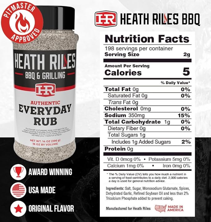 Heath Riles BBQ Rub - Everday All-Purpose Seasoning, Champion Pitmaster Recipe, Legendary Rubs For Smoking & Grilling, 70+ BBQ Championships, 14 oz.
