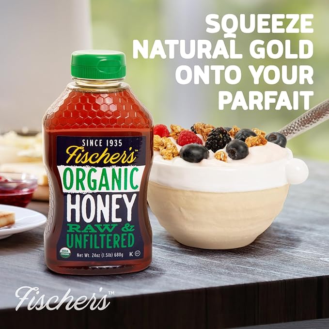 Fischer’s 100% Organic Honey, USDA Certified, 24 oz Squeeze Bottle – Pure, Unfiltered, Raw Honey – All-Natural Sweetener – Rich Flavor Profile, Natural Honey Packed with Nutrients (Pack of 2)