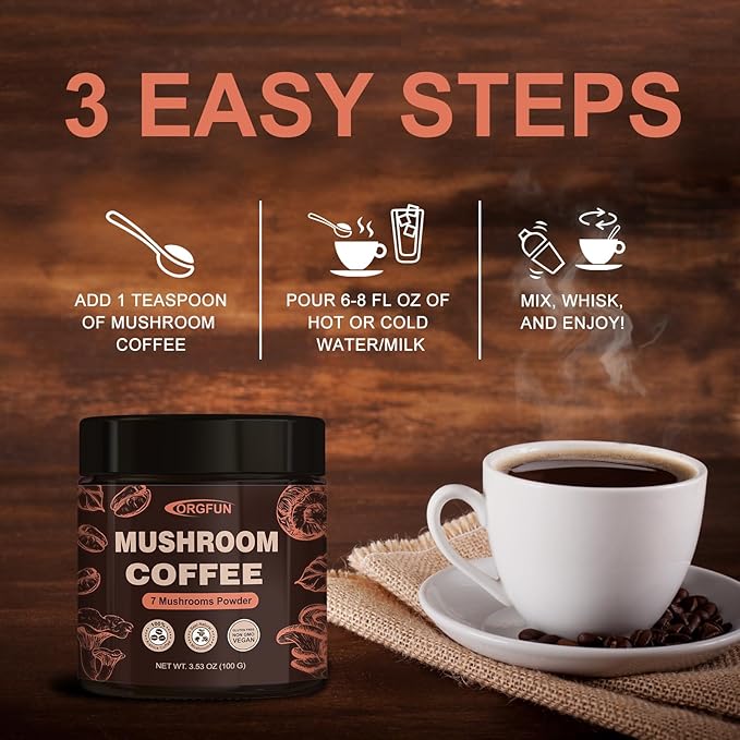 ORGFUN Premium Mushroom Coffee with 7 Superfood Mushrooms, Great Tasting Arabica Instant Coffee, Includes Chaga, Lion's Mane, Reishi, Cordyceps, Maitake, and Turkey Tail, Shiitake 3.53 Oz