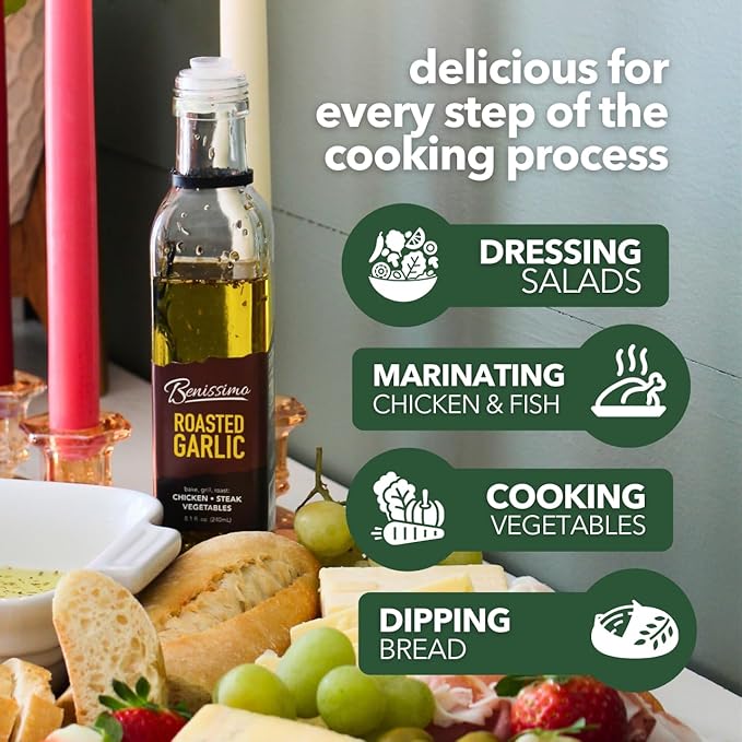 Benissimo Roasted Garlic Herb Infused Oil, All Natural Gourmet Cooking Oil with Slow-Roasted Garlic and Aromatic Herbs, Perfect for Sautéing, Dipping, Drizzling, 8.1 fl oz