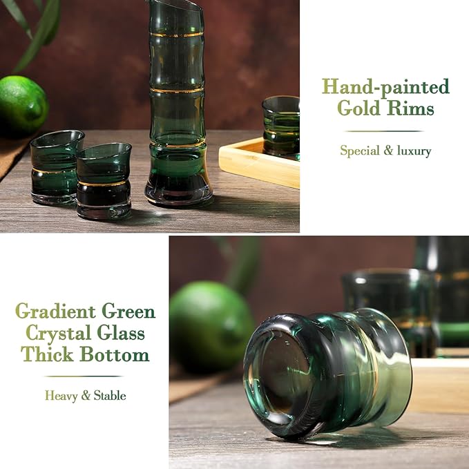 DUJUST Japanese Sake Set for 4, Bamboo Design in Golden Trim, 1 Sake Bottle, 1 Wooden Sake Tray, and 4 Sake Cups, Cold/Warm/Hot Sake Carafe, Special Japanese Gifts Set - 6 pcs (Gradient Green)