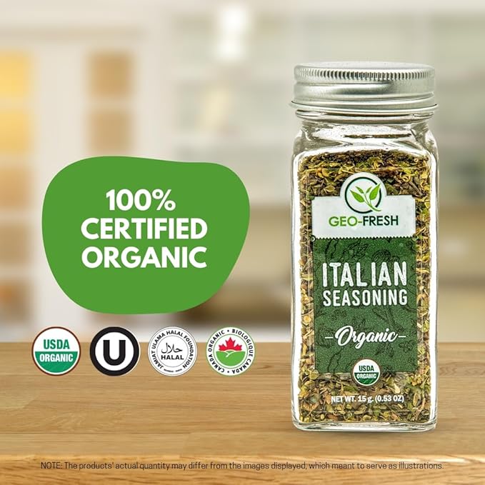 Geo-Fresh Organic Italian Seasoning, 0.53 oz (15g), Non-GMO, Kosher, 100% Organic Herbs, Basil, Oregano, Parsley, Thyme, USDA Certified