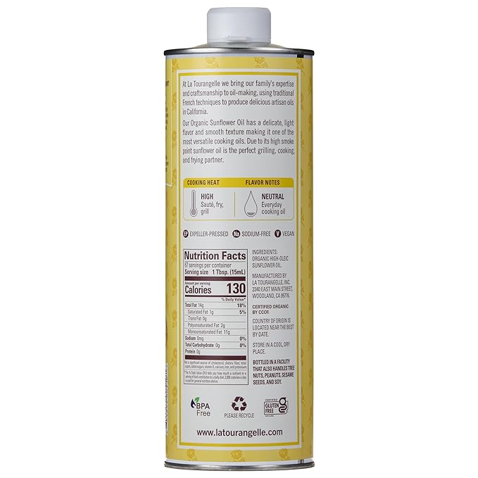 La Tourangelle, Organic High Oleic Sunflower Oil, Neutral Oil For Medium to High Heat Cooking and Skin Care, Non GMO, Pesticide and Chemical Free, 33.8 Fl Oz