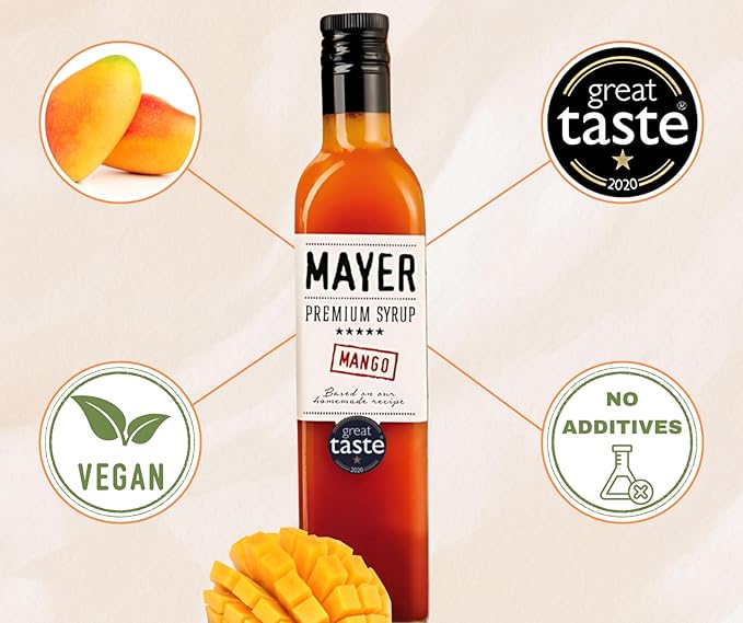Mayer Premium Artisan Mango Syrups ??Award-Winning, Only Real Mangoes and 3 Natural Ingredients, Vegan, Gluten Free, Dairy Free, Versatile for Beverages & Desserts ??No Artificial Additives, Rich Authentic Flavor ( 16.9 Fl oz. / 500 ml, 6 Pack Mango )