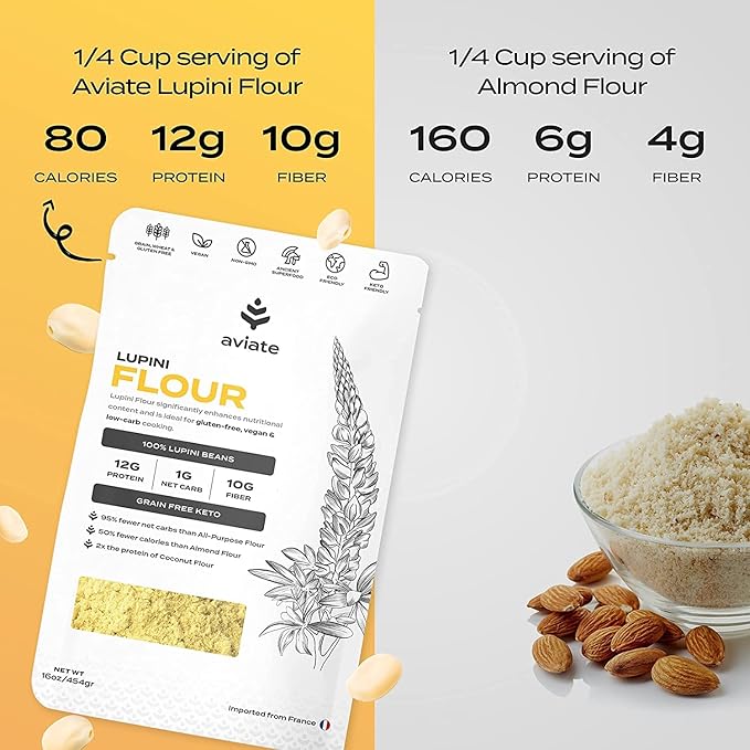 Aviate Lupini FLOUR - Keto & Vegan Friendly Superfood - Non-GMO - Gluten Free - Lupin Flour Keto - High Protein, Low Calorie & Low Carb - Rich in Dietary Fiber and Minerals - 100% Lupin Beans - 16 Ounces (Pack of 1)