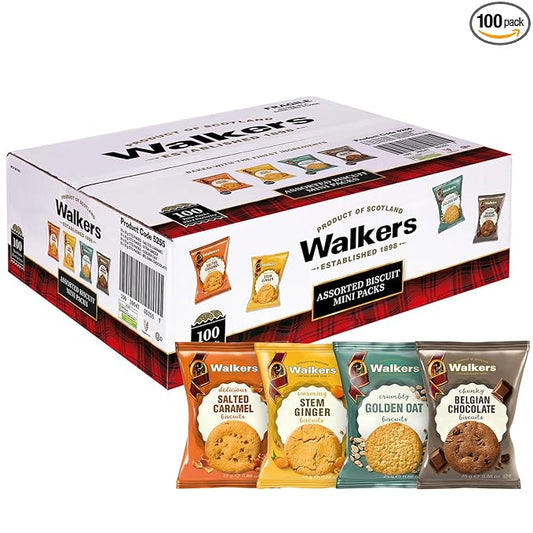Walker’s Assorted Scottish Cookie Variety Pack - 100 Snack Packs (2 Cookies Each) - Includes Belgian Chocolate, Stem Ginger, Salted Caramel & Golden Oat Cookies