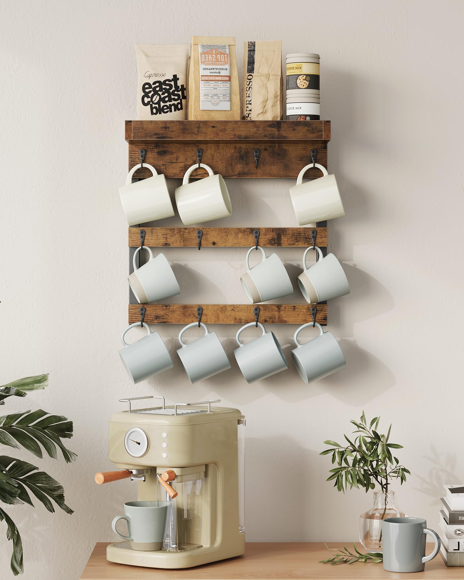 OROPY Coffee Mug Rack Wall Mounted, Rustic Wood Cups Rack, 12 Hooks & Shelf