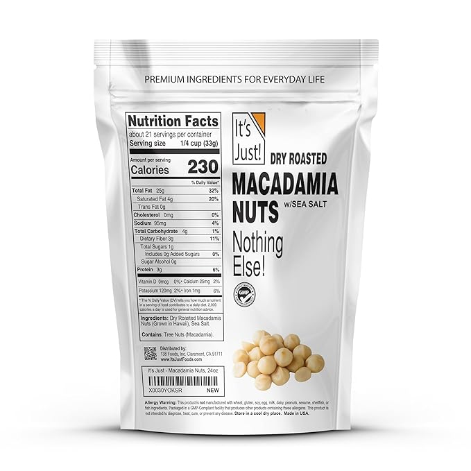 It's Just - Hawaiian Macadamia Nuts (1.5lbs), Small Batch Dry Roasted in USA, Lightly Salted, Keto Friendly, Resealable Bag, 24oz