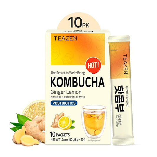 TEAZEN Lemon Ginger Hot Kombucha Tea, Spice Tea, Live Probiotics & Postbiotics, Relaxation and