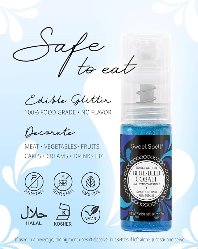 Sweet Spell Edible Cake Glitter Spray ??Shimmering Magic for Cakes Decorating & Cocktails ??100% Edible, Food-Grade, Vegan, Gluten-Free (Blue)