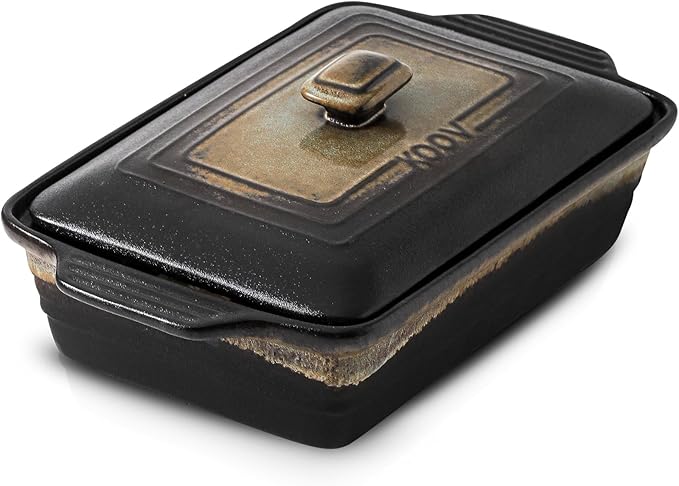 KOOV Ceramic Casserole Dish with Lid, Covered Rectangular Casserole Dish Set, Lasagna Pans with Lid for Cooking, Baking dish With Lid for Dinner, 9 x 13 Inches, Stripe Series (Rough Black)
