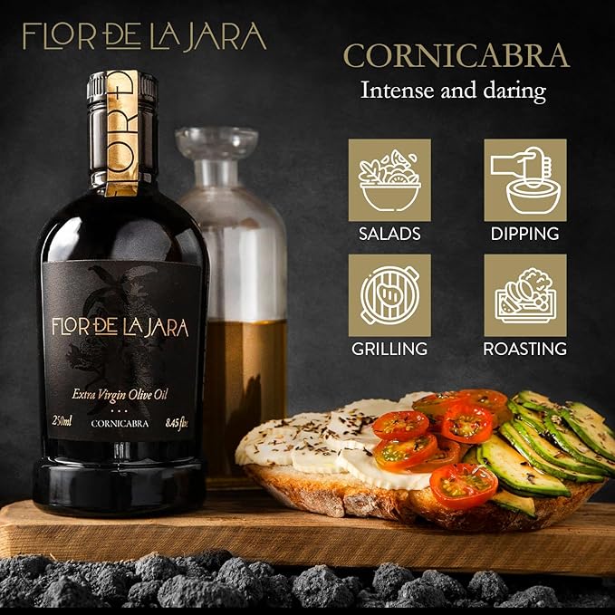 FLOR DE LA JARA Premium Extra Virgin Olive Oil from Spain, First Cold Pressed, Polyphenol-Rich, Monovarietal Cornicabra, Hand-Harvested Olives, Family-Owned Grove, Low Acidity (0.27%), 8.45 fl oz (250ml)