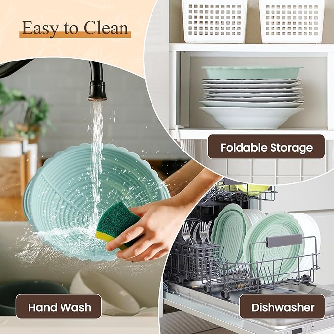 Neddie Upgraded Silicone Banneton Bread Proofing Basket, Sourdough Bread Baking Supplies Set of 2,9 Inch Round & 10 Inch Oval Foldable Sourdough Baking Baskets, Sourdough Starter Kit(Green)