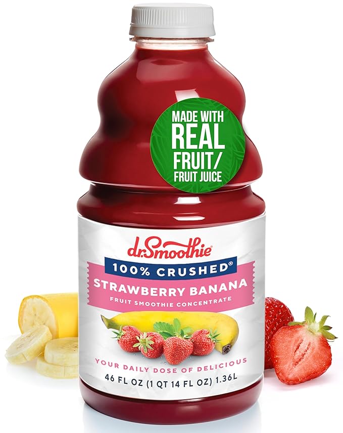 Dr. Smoothie 100% Crushed Strawberry Banana ??No Added Sugar, Made with Real Fruits/Fruit Juice ??Vegan, No Artificial Colors or Flavors ??Juicy Strawberries & Creamy Banana ??46 oz Bottle