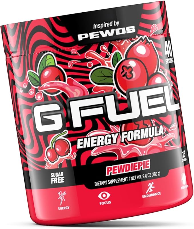 G Fuel PewDiePie Energy Drink Powder, Pre Workout Caffeine Mix for Gaming, Sugar Free Focus Amino, Vitamin + Antioxidants, 9.9oz (Lingonberry, 40 Servings)