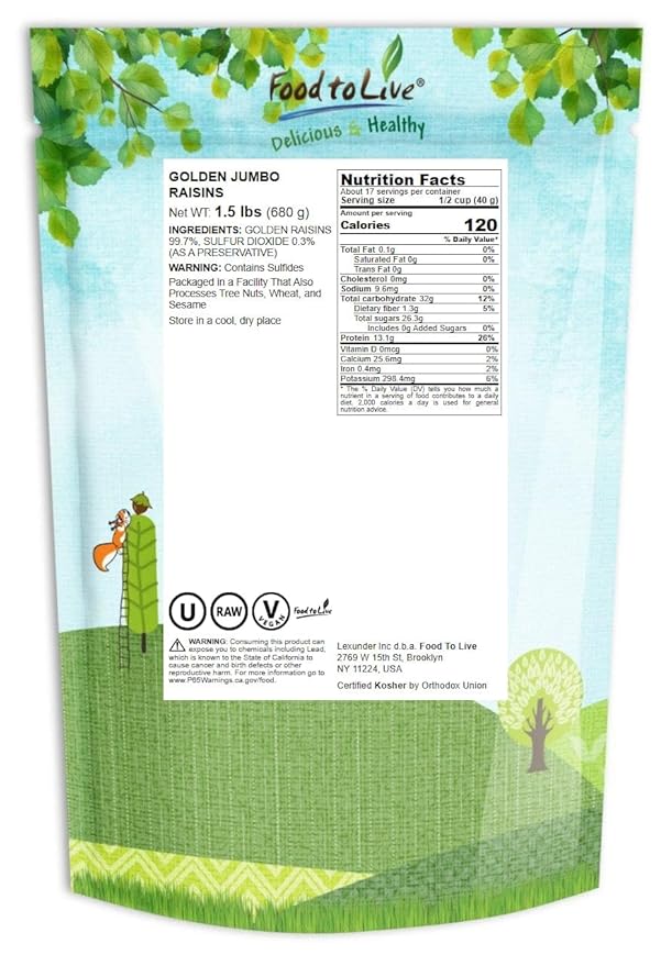 Food to Live California Jumbo Golden Raisins, 2 Pounds ??Seedless, Sun-Dried, No Added Oil, No Added Sugar, Kosher, Vegan, Raw, Bulk