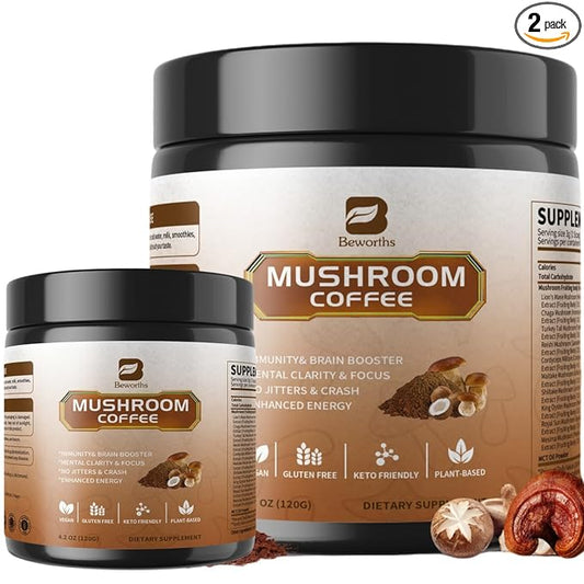 B BEWORTHS 2Pack Mushroom Coffee Powder with MCT Oil - 10 Mushroom Lion's Mane, Turkey Tail