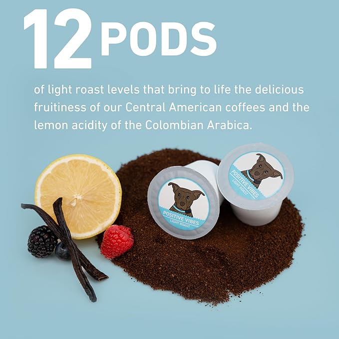 Stella Blue K Cups Coffee Pods, Positive Vibes Blend, Light Roast, Vanilla and Fruitiness Notes, 100% Arabica, Ethically Sourced from Central & South America, 12 Single Serve Recyclable Pods