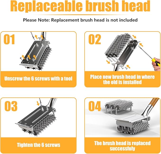 HOUSE AGAIN Grill Brush Bristle Free, 304 Stainless Steel Food-Grade Brush Head with Scraper, Safe BBQ Outdoor Grill Cleaning Brush Strong Barbecue Brush Cleaner Non Wire for Grill Grate/Wooden Handle