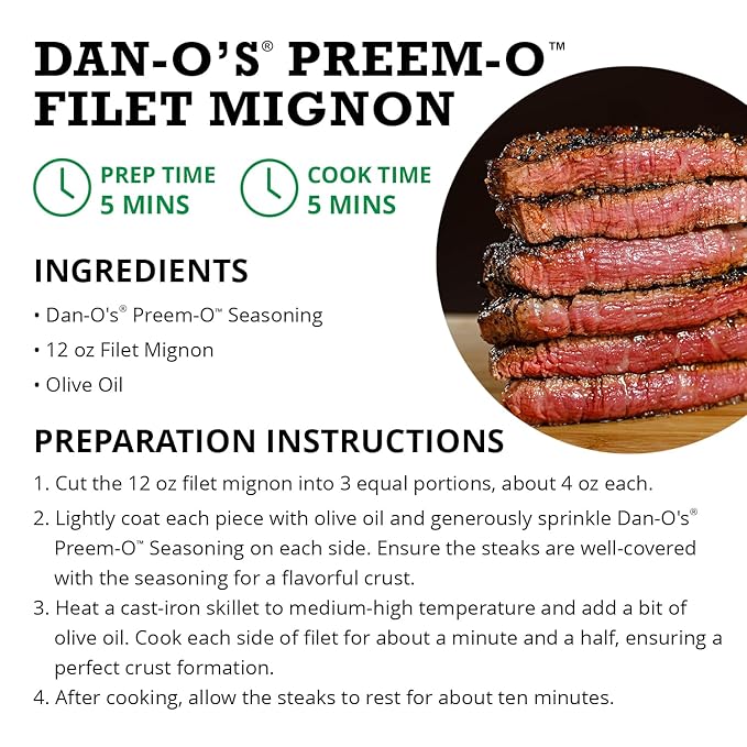 Dan-O's Preem-O Seasoning, 2.5 oz Bottle, Meat Seasoning for Steak, Ribs, Chicken, Brisket and More, Sugar Free, Zero Calorie, Use this Spice Blend to Craft a Marinade, Dry Rub or Sauce