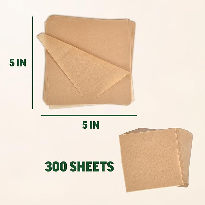 Zenlogy 5x5 Small Parchment Squares (300 sheets) - Unbleached, Non-stick, Pre-cut Parchment Paper- Ideal for Candy Wrappers, Liner Paper, Freezing and Storing, Separating, and Diamond Painting
