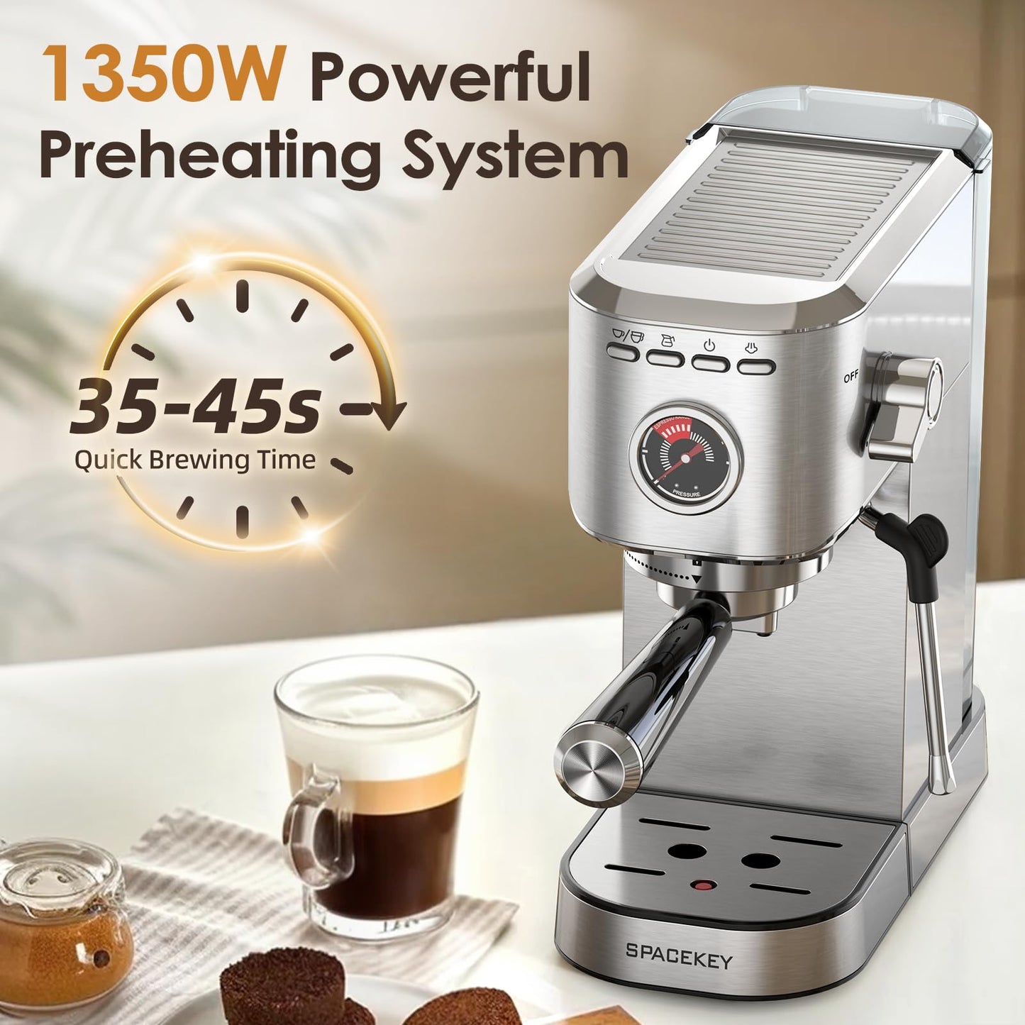 Spacekey Espresso Machine with Milk Frother, 20 Bar Compact Expresso Coffee Machines for Home