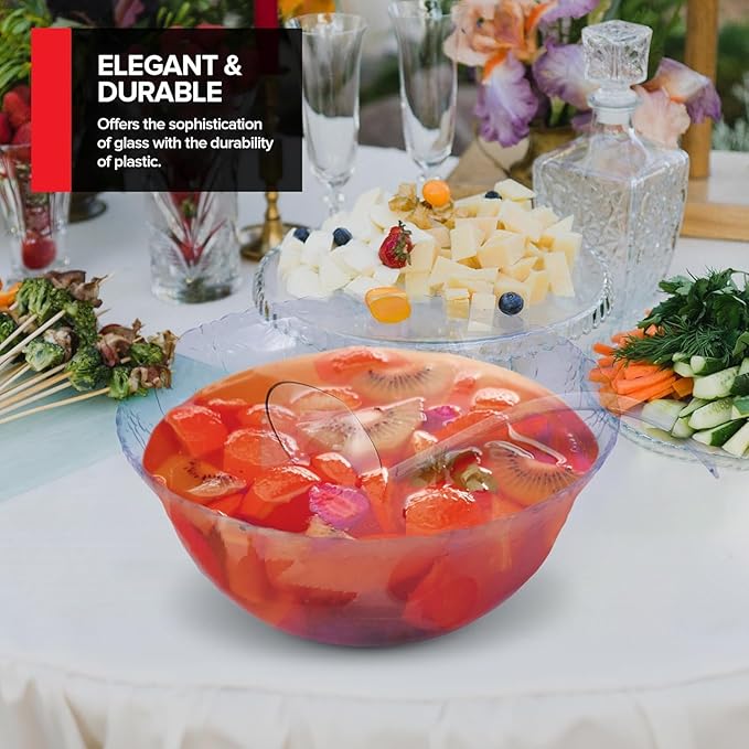 Premium Plastic Punch Bowl with Ladle, Fancy Disposable Punch Bowls for Parties, Holidays, Schools, Halloween, and More, Quality Glass Like Appearance, Large Punch Bowl with Ladle Set 3 Pack