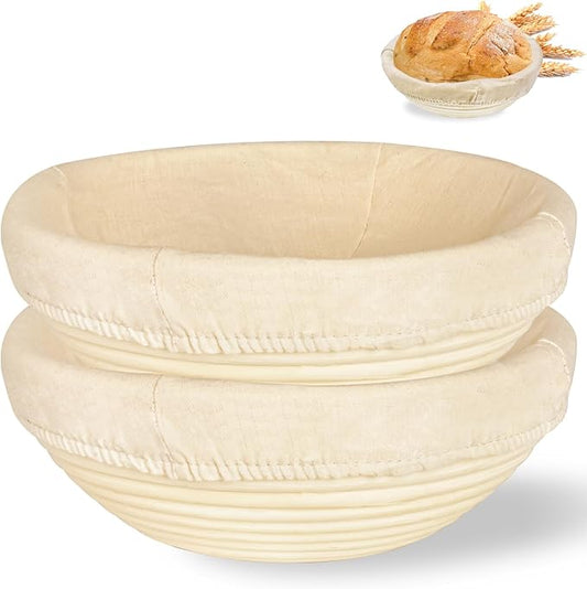Round Sourdough Proofing Basket: Banneton 2-Pack Natural Rattan - Splinter-Free & Clien Liners for Artisan/Beginner Homemade Bread