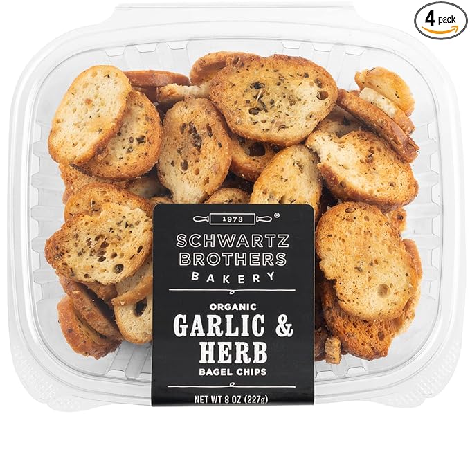 Garlic & Herb Bagel Chips NY Style Bagel Crisps. Organic, Vegan, Kosher. From the artisans of Schwartz Brothers Bakery. Baked Fresh. Twice Baked. 8 ounce container. Great Snack. Delicious. Pack of 4.
