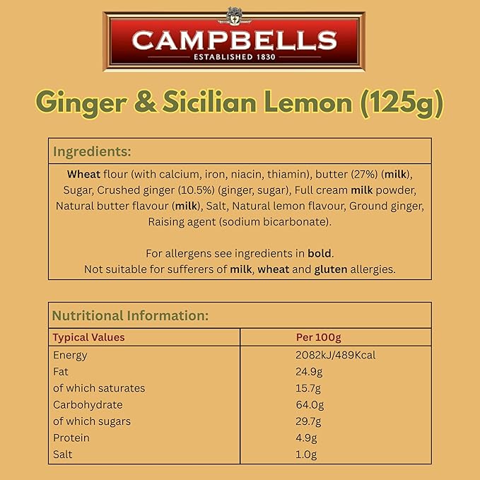 Campbells Shortbread with Stem Ginger & Sicilian Lemon 4.41 Oz (Pack of 3) - Pure Butter Scottish Shortbread Cookies from Scotland, Ginger Lemon Cookies, Gourmet British Tea Biscuits & Gift Box