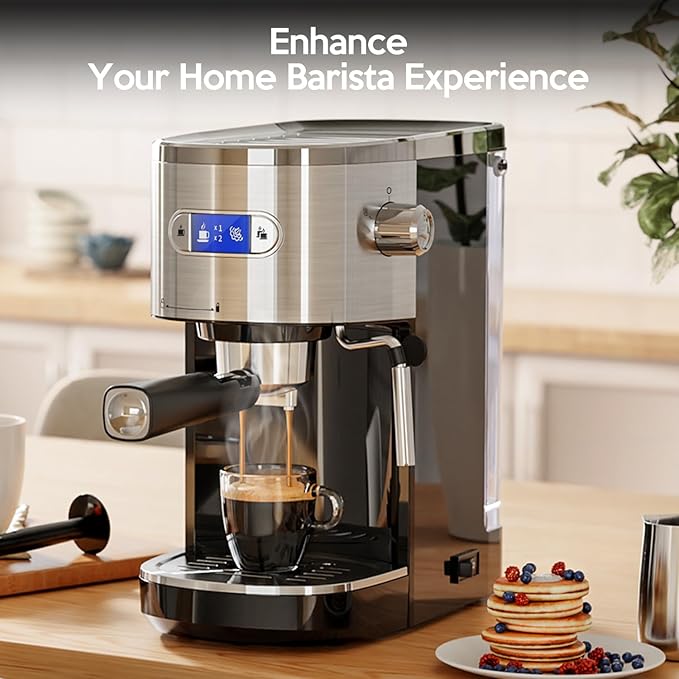 20 Bar Espresso Machine Semi-Automatic, Professional Coffee Maker with Milk Frother Steam Wand & 45OZ Removable Water Tank, Home Barista System for Cappuccino, Latte, Americano-Stainless Steel