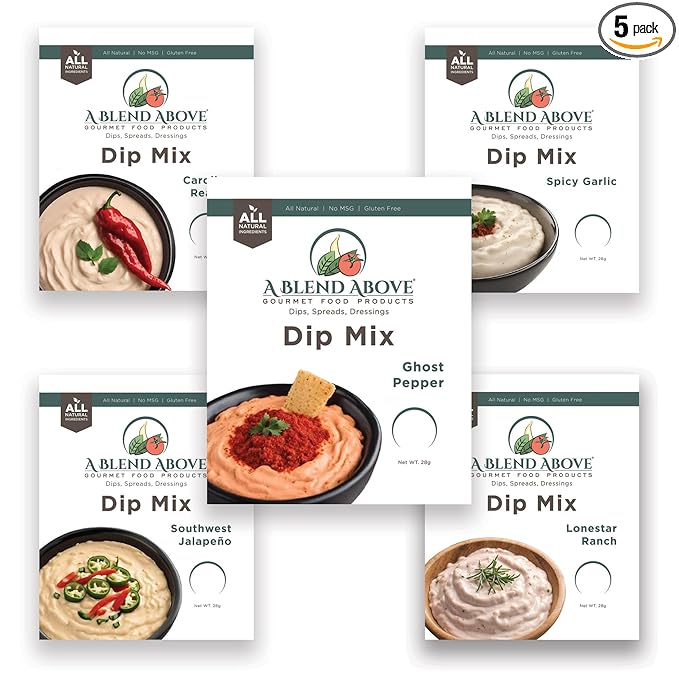 A Blend Above Spicy Dip Mix 5 Pack Includes Spicy Garlic, Lonestar Ranch, Ghost Pepper, Carolina Reaper, and Southwest Jalape챰o Spicy Dip, Gluten-Free, No MSG, All Natural, No Preservatives, Vegetable Dip, Keto Friendly, Low Carb, Low Sodium, Easy to Make