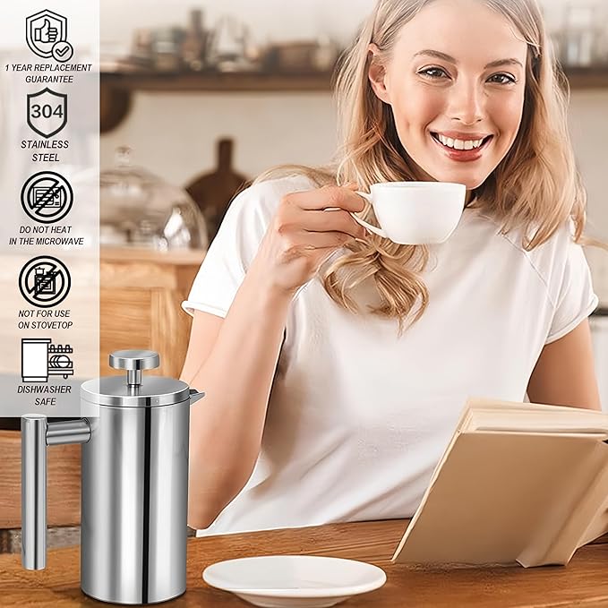 Small French Press Coffee Maker - Small 12oz/350ml Single Cup Metal French Press(1 Cup), Stainless Steel Double Wall Insulated Coffee & Tea Maker w/ 3 Extra Screens + 1 Spoon (Silver), Dishwasher Safe