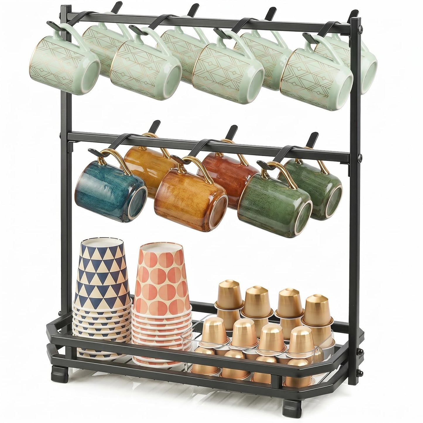 Coffee Mug Holder for Countertop, 14 Hooks Metal Coffee Cup Holder Rack