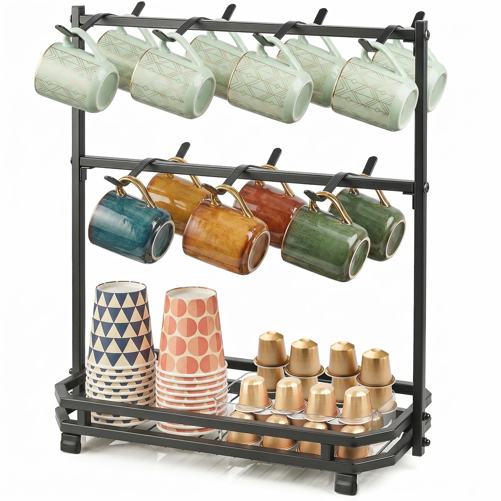 Coffee Mug Holder for Countertop, 14 Hooks Metal Coffee Cup Holder Rack