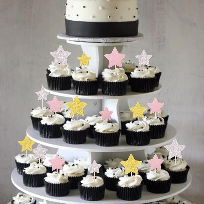30 PCS Little Star Cupcake Toppers Silver Pink Gold Glitter Twinkle Star Cupcake Picks Bridal Shower Cake Decorations for Wedding Engagement Baby Shower Birthday Party Supplies