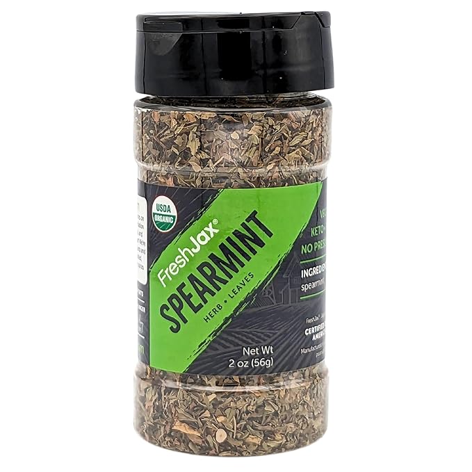 FreshJax Organic Spearmint Leaf (2.0 oz Large BPA-Free Bottle) Non GMO, Gluten Free, Keto, Paleo, No Preservatives Dried Mint for Cooking | Spearmint Tea Loose Leaf | Handcrafted in Jacksonville
