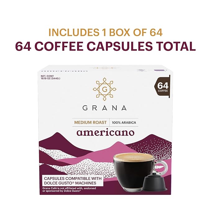 G GRANA Americano Coffee Capsules Compatible with Nescafe Dolce Gusto Machines, 64 Single Serve Pods - 100% Arabica Single Source Ethical Coffee