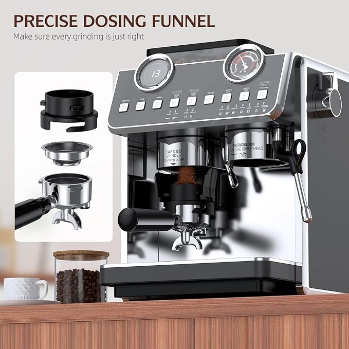 Espresso Machine with Grinder, 20 Bar Pressure Professional Coffee Maker with 30 Grinding Settings, 58mm Portafilte, Anti-scalding Milk Frother Steam Wand for Latte (IronGrey)