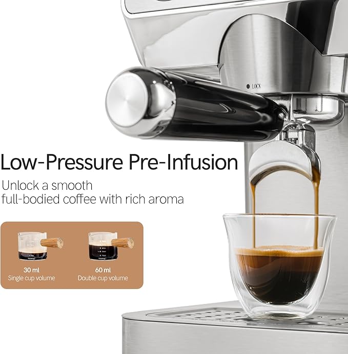 Espresso Machine, 20Bar Espresso Coffee Machine with Milk Frother & Temp Display, Stainless Steel Coffee Maker with 51oz Removable Water Tank for Latte, Cappuccino