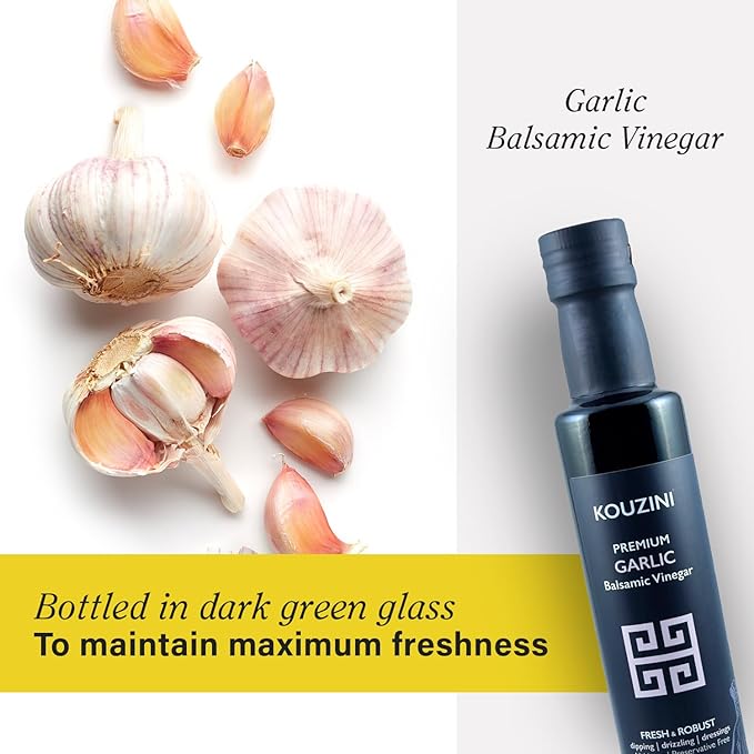 Kouzini Ultra Premium Garlic Balsamic Vinegar, Aged Balsamic Vinegars from Modena, Italy, Premium, Smooth & Full-Bodied Flavor, 250ml Bottle