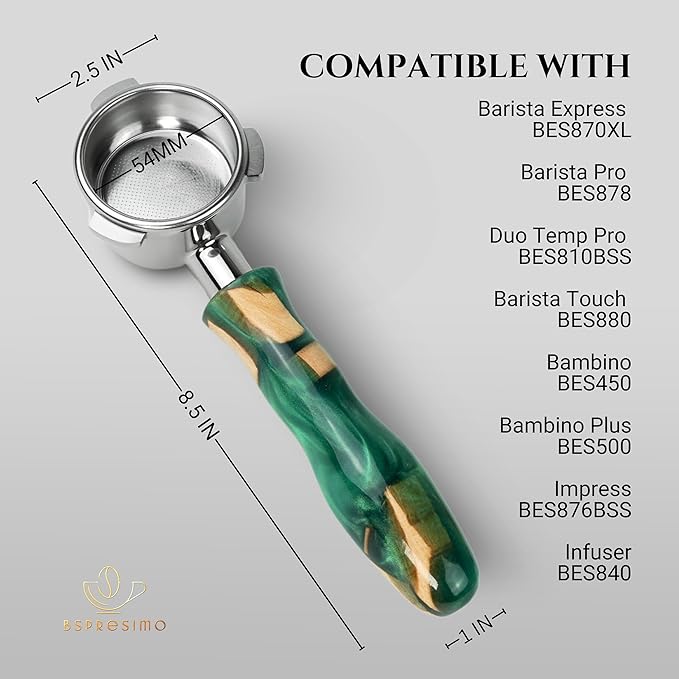 54mm Bottomless Portafilter Modern Handle ??Includes Stainless Steel Naked Basket ??Fits Breville Barista Express & 54mm Breville Espresso Machines - Espresso Machine Accessories ??Green