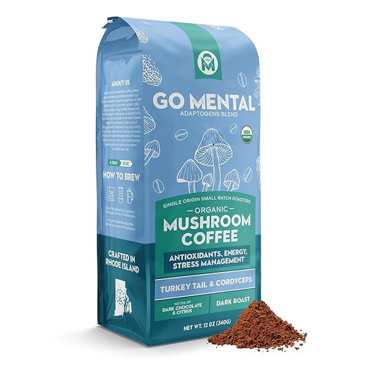 Organic Turkey Tail & Cordyceps Mushroom Coffee Dark Roast, Full Fruiting Body, Antioxidants, Immune System support, overall wellness | Grade 1 Single Origin Peruvian | 12oz - Ground