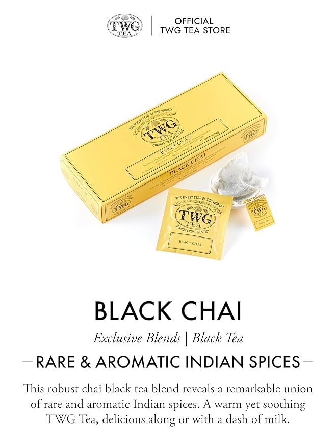 TWG Tea | Black Chai | Black Tea | Aromatic Indian Spices | 15 Hand Sewn Cotton Teabags | Gift Set