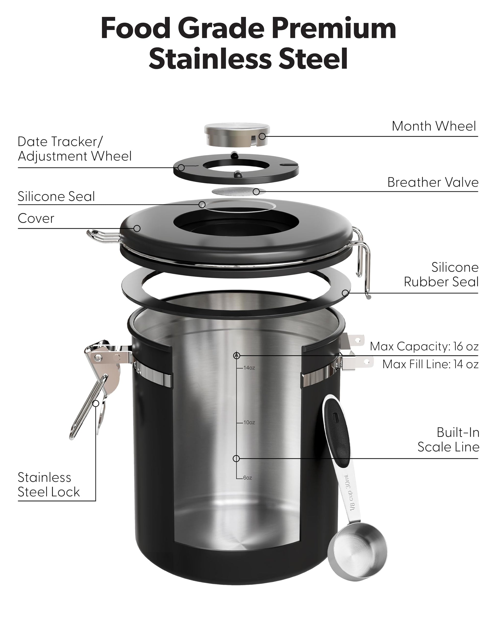 Veken Coffee Canister with Window, Airtight Stainless Steel Container, 16OZ
