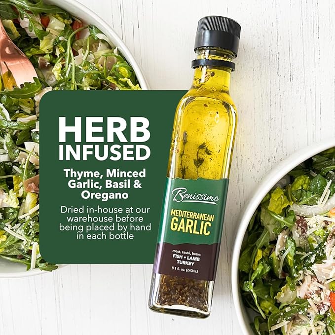 Benissimo Mediterranean Garlic Infused Oil, All Natural Gourmet Cooking Oil with Fragrant Mediterranean Herb Blend, Ideal for Dipping, Sautéing, Drizzling, 8.1 fl oz