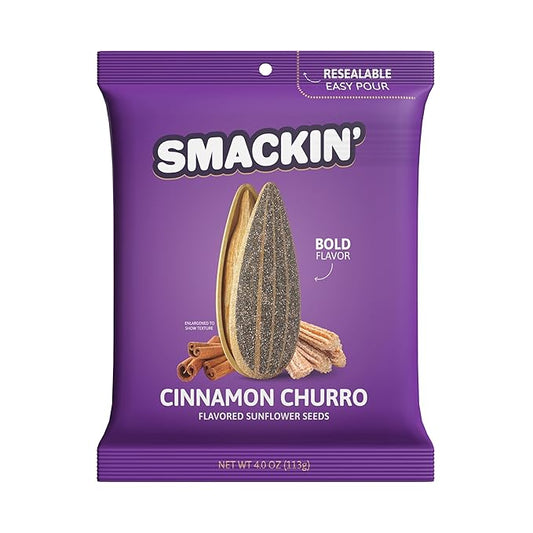 SMACKIN' - Jumbo Roasted Sunflower Seeds, No Salty Burn, American Made, Easy Pour & Seal - Cinnamon Churro, 4oz bag (12 Bags)