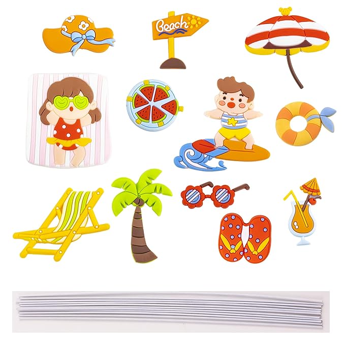 Gyufise 12Pcs Summer Beach Hawaii Cupcake Toppers Sun Umbrella Ball Diving Coconut Watermelon Sunglasses Slippers Cupcake Picks Baby Shower Hawaii Pool Theme Birthday Party Cake Decorations