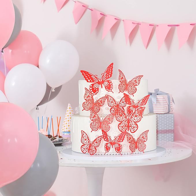 Gyufise 36 Pack Red Glitter 3D Butterfly Cupcake Toppers Hollow Cake Decorations for Birthday Wedding Fairy Party Wall Sticker Decal