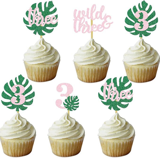 Safari Wild Three Cupcake Topper 3rd Birthday Party Decoration For Girl Jungle Glitter Tropical Leaf Food Picks Pink 3